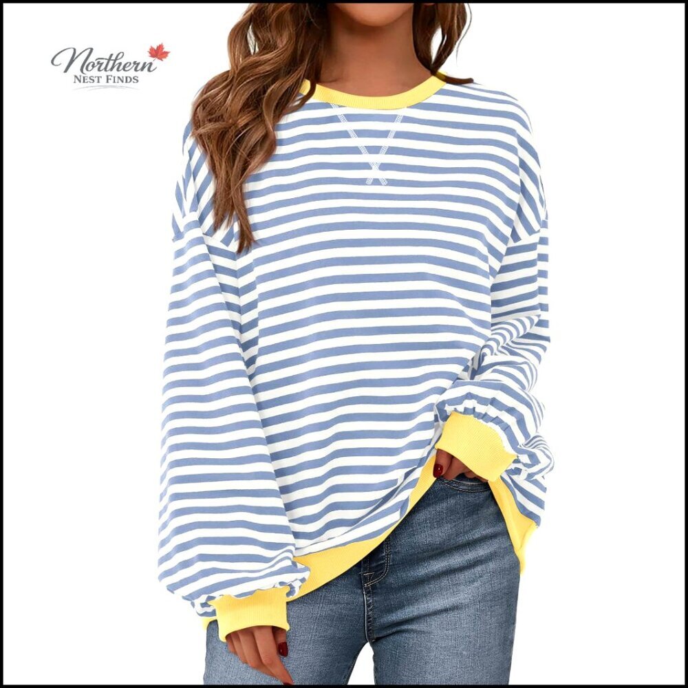 Oversized Striped Sweatshirt Long Sleeve Crew Neck Loose Fit Spring Fall